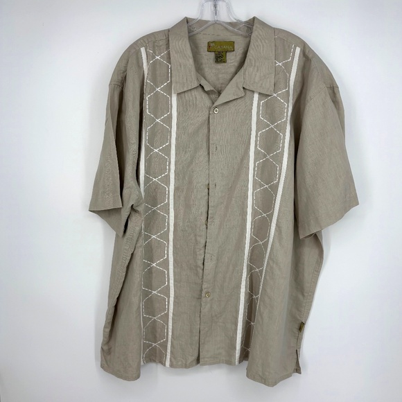 Cabana Big Mens Size 3XB Button Front Shirt Ramie Cotton Beige White Embroidery - Picture 1 of 9